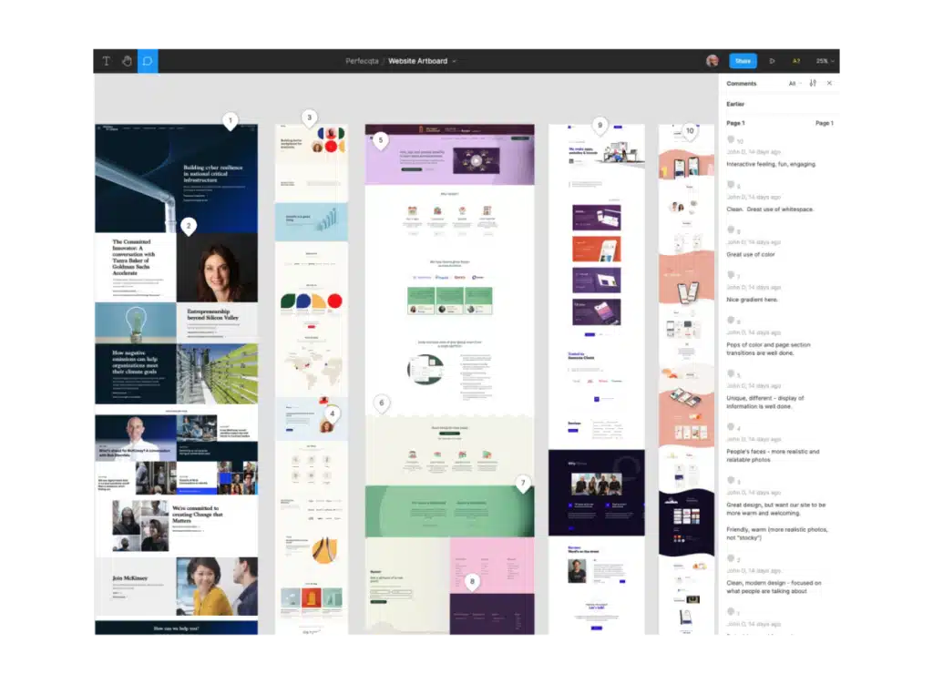 Digital design artboard in a browser showing multiple website layouts with comments, showcasing diverse designs and user feedback.