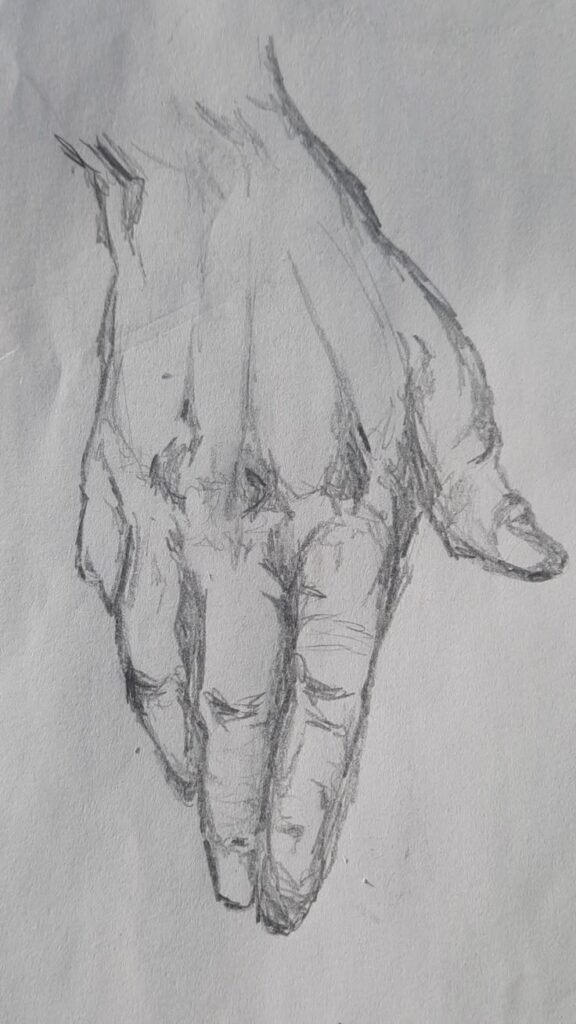 Pencil sketch of a hand with fingers pointing down, showcasing intricate shading and detail on plain paper background.