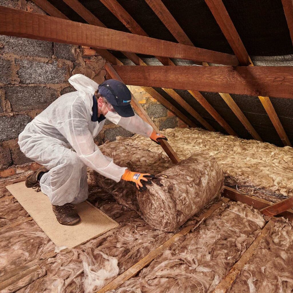 knauf-knauf-insulation-loft-roll-44-combi-cut-200mm-bm005979-mineral-fibre-insulation-1172610112 Worker in protective gear installing loft insulation for energy efficiency in an attic. | Sky Rye Design Worker in protective gear installing loft insulation for energy efficiency in an attic.