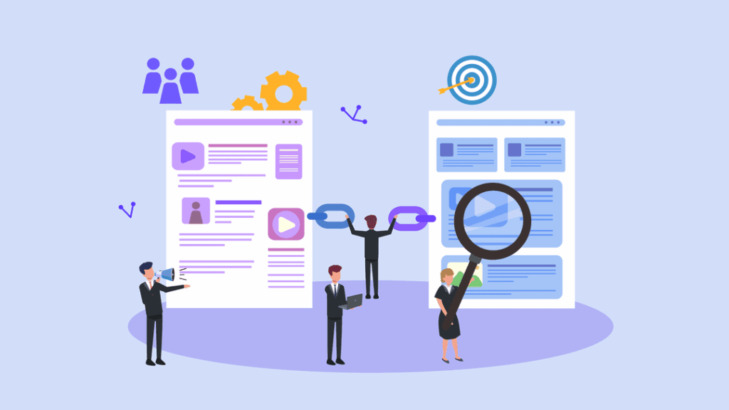 link-building-tips Illustration of people engaging in SEO activities, examining web content, building links, and targeting audience with marketing strategies. | Sky Rye Design Illustration of people engaging in SEO activities, examining web content, building links, and targeting audience with marketing strategies.