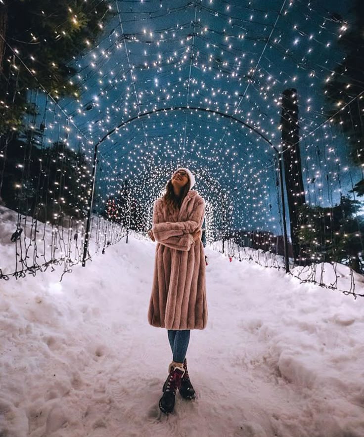 lisahomsy Person in a fur coat enjoys a winter wonderland beneath a canopy of twinkling lights on a snowy path. | Sky Rye Design Person in a fur coat enjoys a winter wonderland beneath a canopy of twinkling lights on a snowy path.