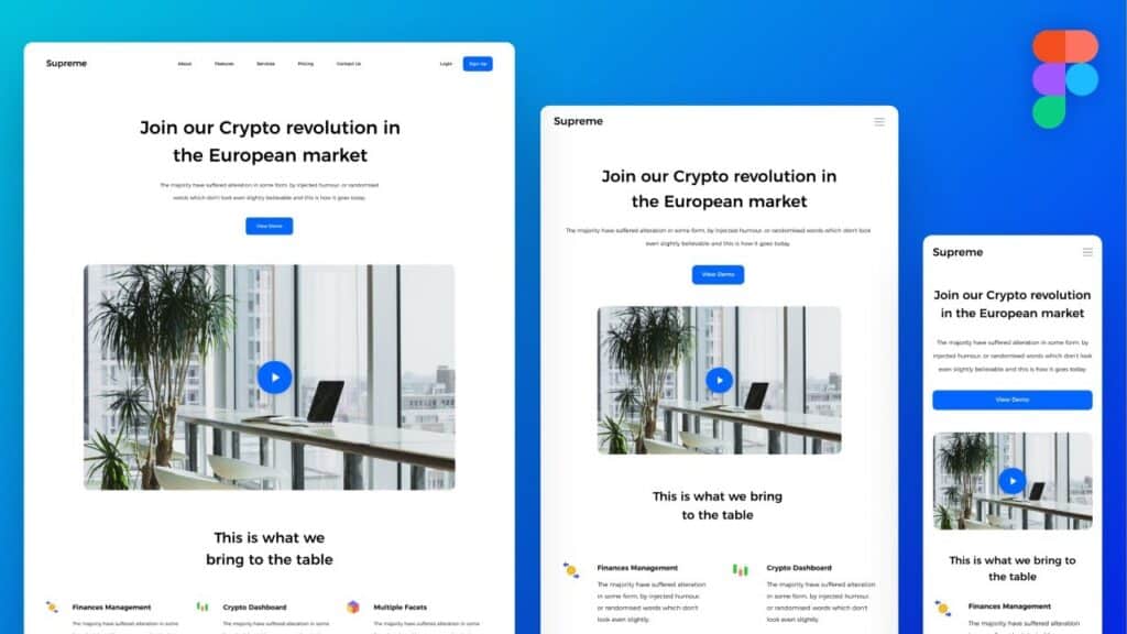 Crypto website design mockup showcasing responsive layout with call-to-action Join our Crypto revolution in the European market.