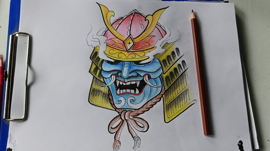 maxresdefault 24 Colorful hand-drawn samurai mask illustration on paper with a red pencil beside it. Intricate details and vibrant design. | Sky Rye Design how to draw a samurai helmet