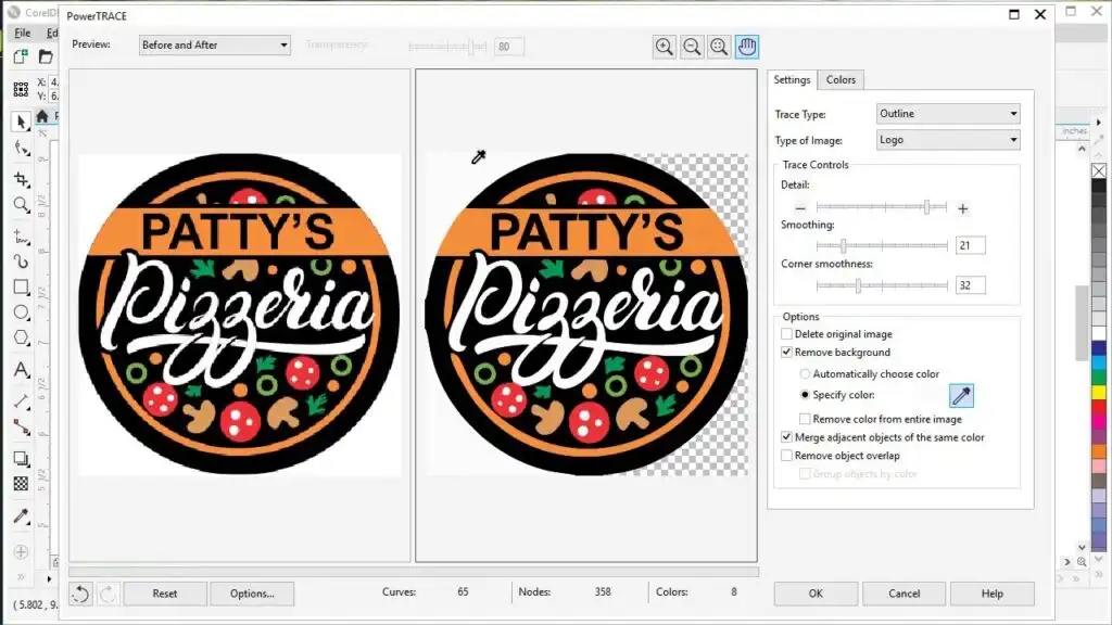 Logo design for Patty’s Pizzeria featuring pizza ingredients, shown in a graphic editing interface with before and after versions.