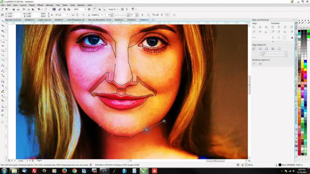 Digital illustration of a woman's face in CorelDRAW, showcasing vector line work and color adjustments on a portrait.