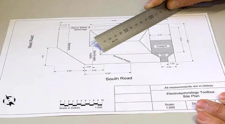 measure_site_plan Person measuring a site plan with a metal ruler, featuring roads and a carport layout. | Sky Rye Design Person measuring a site plan with a metal ruler, featuring roads and a carport layout.