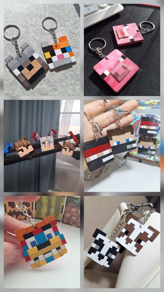 minecraft Colorful pixel art keychains inspired by video game characters, showcasing various designs and vibrant colors on different backgrounds. | Sky Rye Design Colorful pixel art keychains inspired by video game characters, showcasing various designs and vibrant colors on different backgrounds.