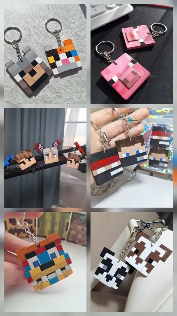 minecraft Colorful pixel art keychains inspired by video game characters, showcasing various designs and vibrant colors on different backgrounds. | Sky Rye Design Colorful pixel art keychains inspired by video game characters, showcasing various designs and vibrant colors on different backgrounds.