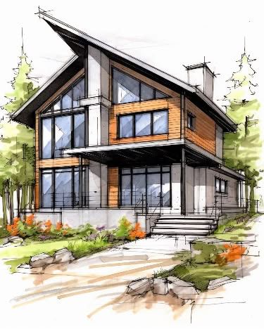 modern Sketches house Modern two-story house design sketch with large windows, wooden accents, and surrounded by trees and garden, showcasing minimalist architecture. | Sky Rye Design Modern two-story house design sketch with large windows, wooden accents, and surrounded by trees and garden, showcasing minimalist architecture.