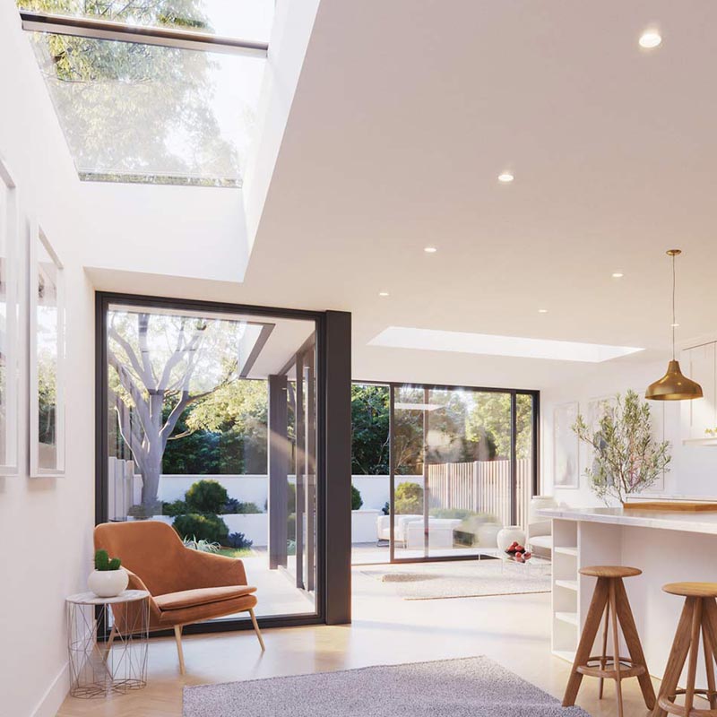 modular-rooflight-two-panles Modern living room with skylights, large windows, and stylish furniture. Bright, open space with natural light and garden view. | Sky Rye Design Modern living room with skylights, large windows, and stylish furniture. Bright, open space with natural light and garden view.