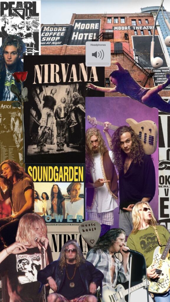 Collage of 90s grunge bands like Nirvana, Pearl Jam, Soundgarden, and Alice in Chains with iconic Seattle backgrounds.