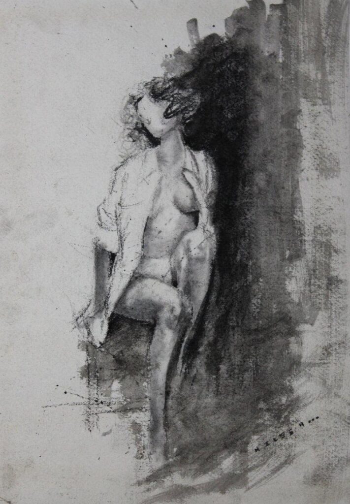nude-sitting-on-a-rock-artzolo-com Charcoal sketch of a woman sitting, wearing an open shirt, with abstract textured background. Black and white art drawing. | Sky Rye Design Charcoal sketch of a woman sitting, wearing an open shirt, with abstract textured background. Black and white art drawing. Charcoal Human Figure Sketches