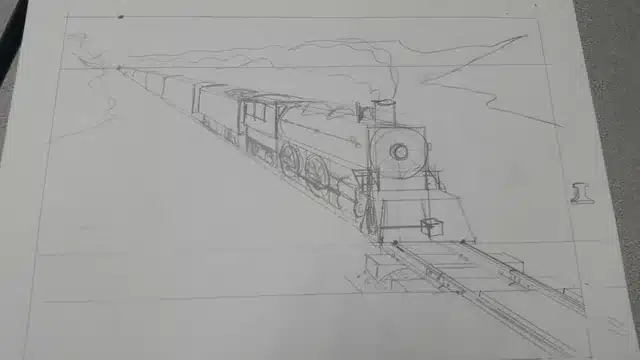 om6qb6yzzyv11 Pencil sketch of a classic steam train on tracks with detailed locomotive design depicting motion and perspective against a simple background. | Sky Rye Design Pencil sketch of a classic steam train on tracks with detailed locomotive design depicting motion and perspective against a simple background.
