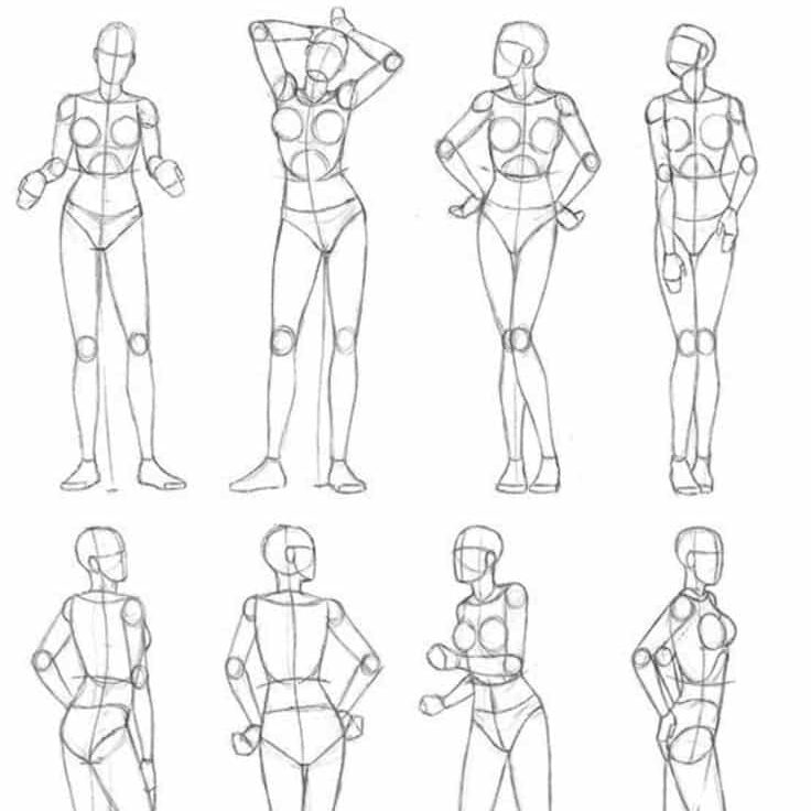 para os desenhistas❤️ Drawing of female mannequin sketches in various poses, showcasing body proportions and movement for artistic reference and anatomy study. | Sky Rye Design Drawing of female mannequin sketches in various poses, showcasing body proportions and movement for artistic reference and anatomy study.
