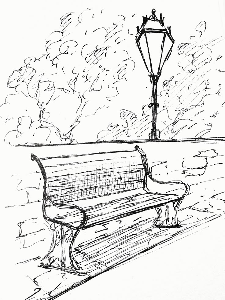 park Sketch of a park scene with a vintage lamp post and a bench set against a backdrop of trees, capturing a tranquil outdoor atmosphere. | Sky Rye Design Sketch of a park scene with a vintage lamp post and a bench set against a backdrop of trees, capturing a tranquil outdoor atmosphere. Miniature Artwork