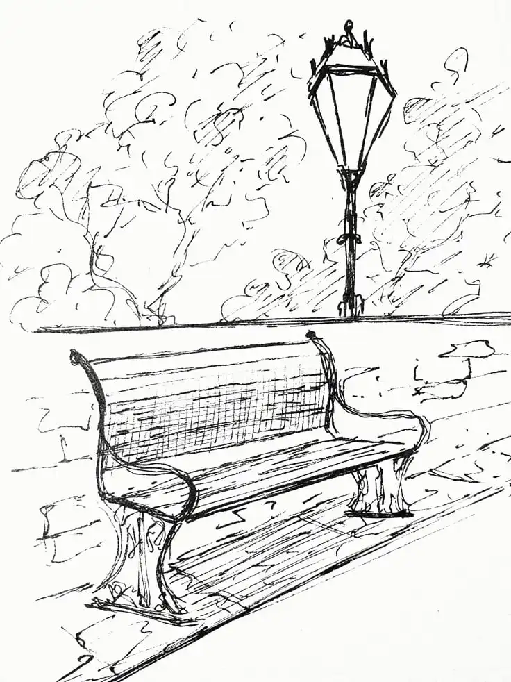 Sketch of a park scene with a vintage lamp post and a bench set against a backdrop of trees, capturing a tranquil outdoor atmosphere. Miniature Artwork