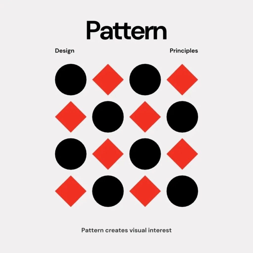 pattern Black circles and red diamonds form a geometric pattern titled Pattern focused on design principles for visual interest. | Sky Rye Design Black circles and red diamonds form a geometric pattern titled Pattern focused on design principles for visual interest.