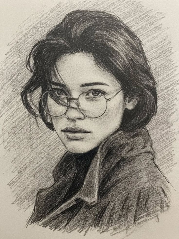 pencil art Pencil sketch of a person with glasses, short hair, and a serious expression, wearing a coat. Artistic portrait in grayscale. | Sky Rye Design Pencil sketch of a person with glasses, short hair, and a serious expression, wearing a coat. Artistic portrait in grayscale.