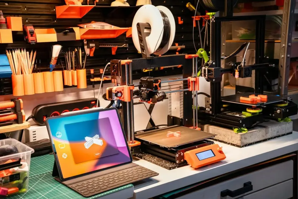 3D printers on a workbench with a digital tablet, surrounded by tools and supplies, in a workshop setting.
