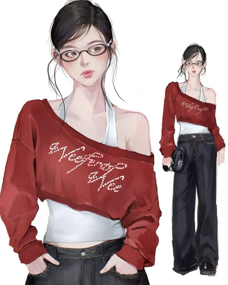 pilab_pen on ig Anime-style illustration of a woman in glasses, wearing a red off-shoulder sweater over a white top, paired with black pants. | Sky Rye Design Anime-style illustration of a woman in glasses, wearing a red off-shoulder sweater over a white top, paired with black pants.