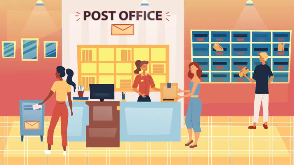 post_office-1000x552 Illustration of people at a post office counter, mailing packages and using postal services, with boxes and a mailman in the background. | Sky Rye Design Illustration of people at a post office counter, mailing packages and using postal services, with boxes and a mailman in the background.