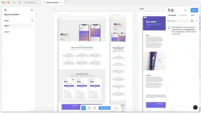 Figma interface showing website landing page design with mobile preview, features, pricing plans, and a Contact us section.