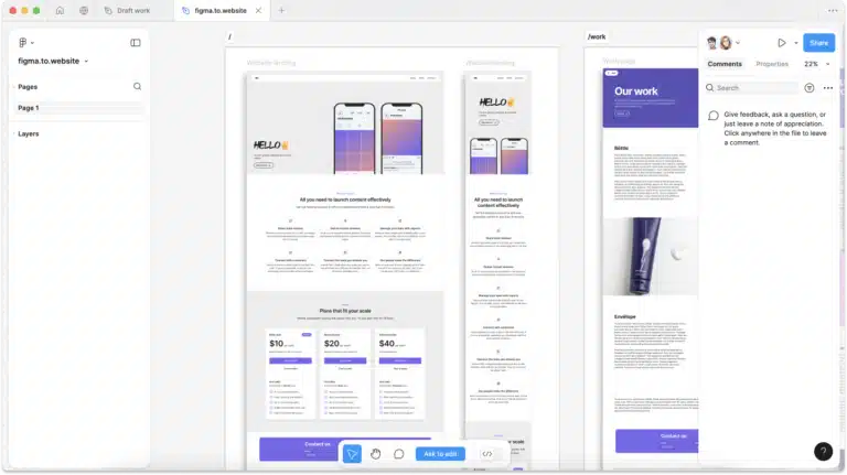 Figma interface showing website landing page design with mobile preview, features, pricing plans, and a Contact us section.