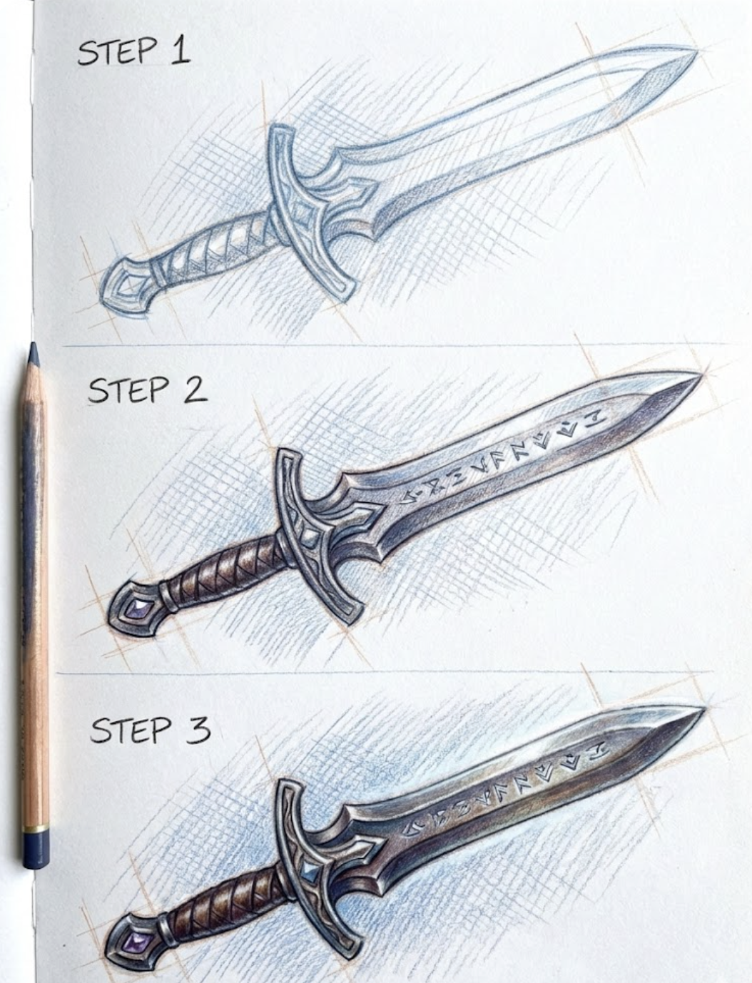 Step-by-step pencil sketch tutorial of an ornate fantasy sword in three stages with blue shading, leather-wrapped hilt and runes.