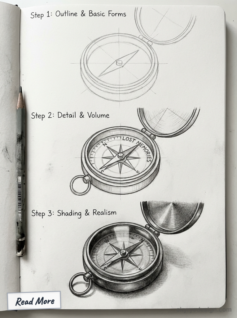 Sketchbook step-by-step compass drawing with pencil: outline, detail & volume, shading & realism — three stages of a compass sketch.