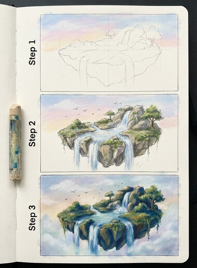 Step-by-step art tutorial: three-panel progression from pencil sketch to finished watercolor of a floating island with waterfalls and trees.