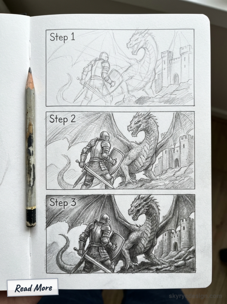 Three-step pencil sketch tutorial in a sketchbook showing a knight confronting a dragon in comic-style panels, pencil beside pages