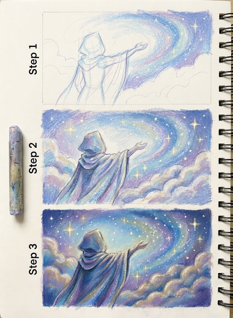 Step-by-step colored pencil tutorial in a sketchbook: cloaked figure reaching toward a swirling galaxy and stars across three stages