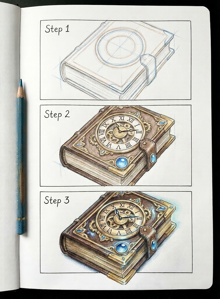 Three-step illustrated tutorial: ornate steampunk book with clock face, shown from pencil outline to fully colored, detailed fantasy sketch.