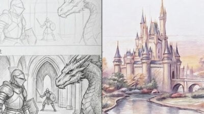Split-panel fantasy concept art: pencil sketch of knights confronting a dragon in a cathedral and watercolor fairytale castle by a river.