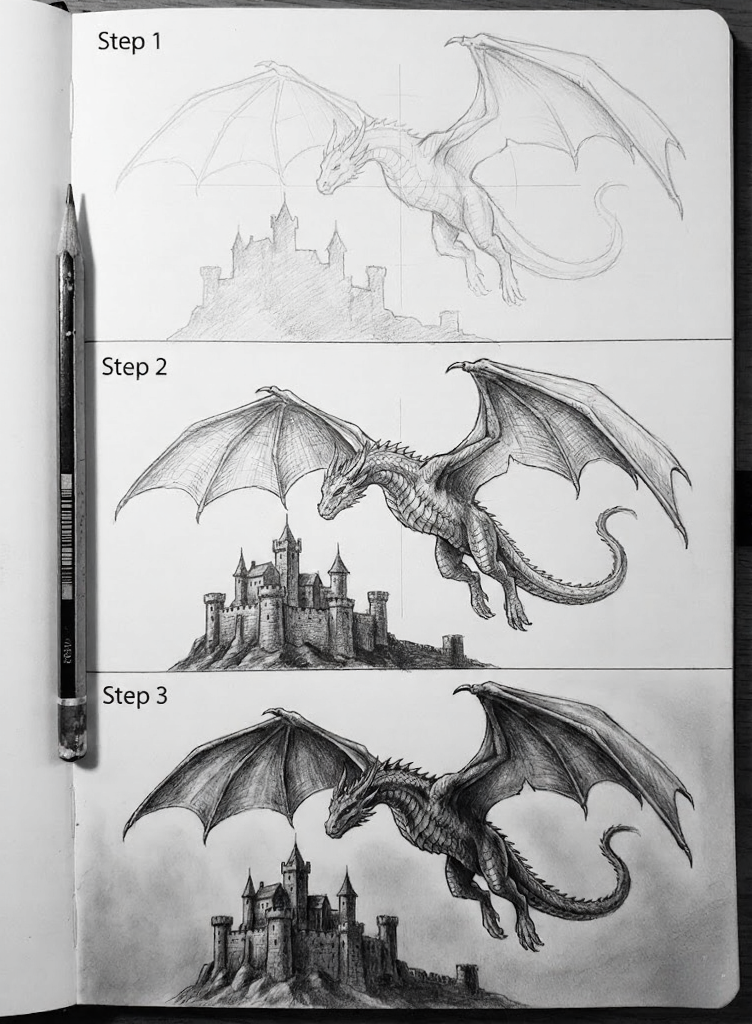 Step-by-step pencil sketch tutorial of a detailed dragon flying over a medieval castle in a sketchbook, with pencil at left.