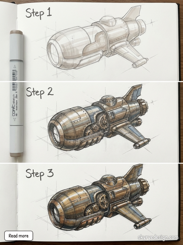 Step-by-step sketch progression of a steampunk airplane in a sketchbook: rough lines, gears, and full color shading with a Copic marker.