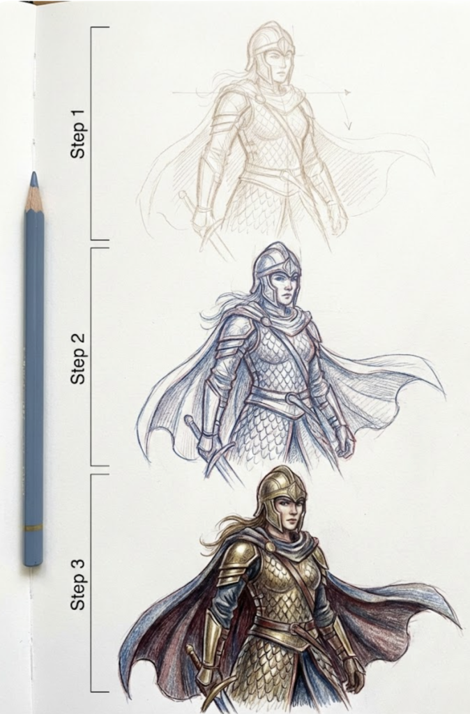 Fantasy female knight illustration — step-by-step art process: pencil sketch to ink to full-color golden armor with flowing cape and sword.