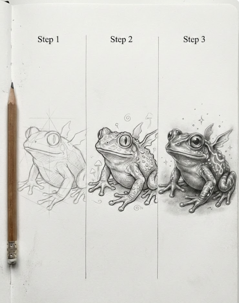 Frog drawing tutorial: step-by-step pencil sketch progression in a sketchbook, three-panel realistic frog illustration with a pencil at left.