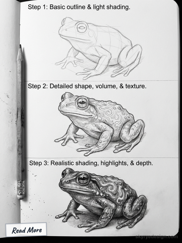 Three-step pencil frog drawing tutorial: Step 1 basic outline, Step 2 detailed shape and texture, Step 3 realistic shading, highlights and depth.