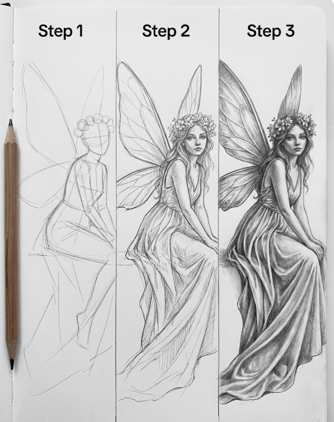 Pencil drawing tutorial: three-step progression from rough sketch to detailed, shaded seated fairy with wings, floral crown and flowing dress.