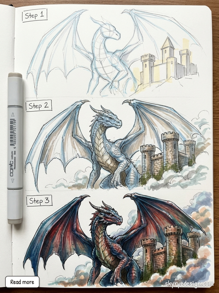 Sketchbook step-by-step dragon drawing tutorial, showing pencil sketch to full-color fantasy dragon with castle background and Copic marker