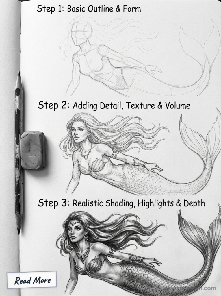 Pencil mermaid drawing tutorial in sketchbook: step 1 outline, step 2 detail, step 3 realistic shading and highlights.