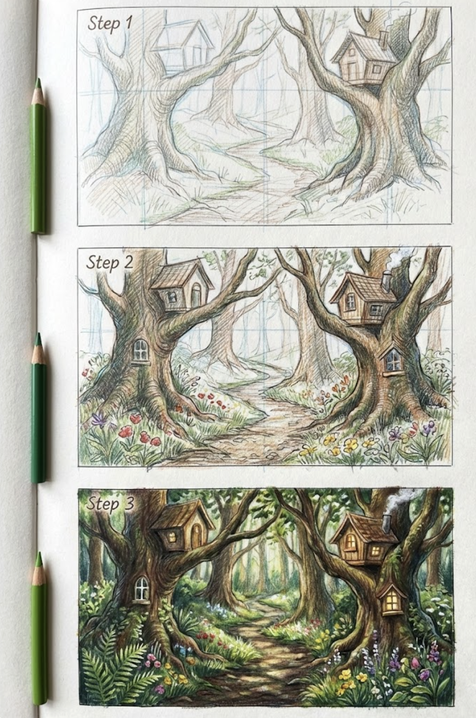 Three-step colored-pencil tutorial: sketch to full-color forest scene with winding path, treehouses in trunks, lush foliage and wildflowers.