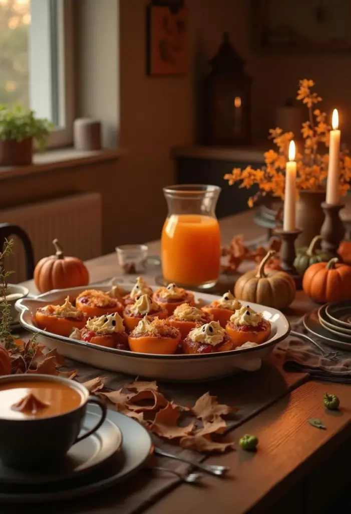 realistic-halloween-dinner-feast 1 Cozy autumn table with pumpkin treats, candles, and orange juice, capturing the warmth and spirit of fall celebrations. | Sky Rye Design Cozy autumn table with pumpkin treats, candles, and orange juice, capturing the warmth and spirit of fall celebrations.