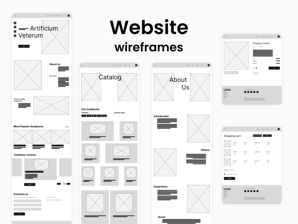 rjq9fds4go5aaomretea Five website wireframes showing layouts for sections like catalog, about us, and shopping cart, designed for a sculpture site. | Sky Rye Design Five website wireframes showing layouts for sections like catalog, about us, and shopping cart, designed for a sculpture site.