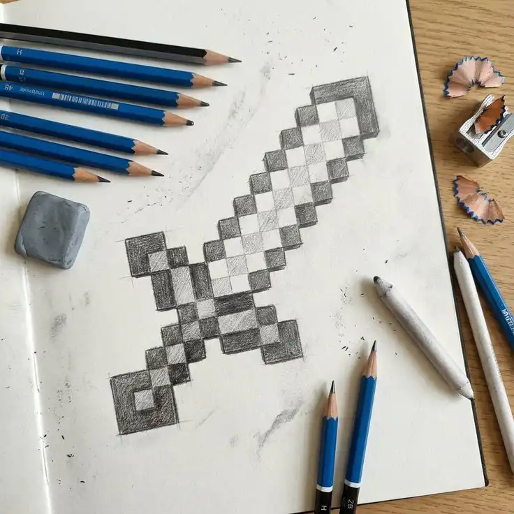 Pixelated sword sketch on a notebook with pencils, eraser, and sharpener, showcasing creative graphite art on wood desk.