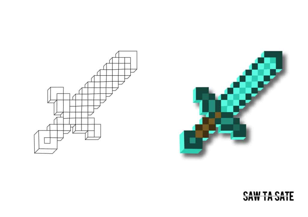 sate-sate-mine-craft-sword-ai-2-recovered Pixel art sword comparison between outline and colored version, showcasing simplicity and vibrant design on a white background. | Sky Rye Design Pixel art sword comparison between outline and colored version, showcasing simplicity and vibrant design on a white background.