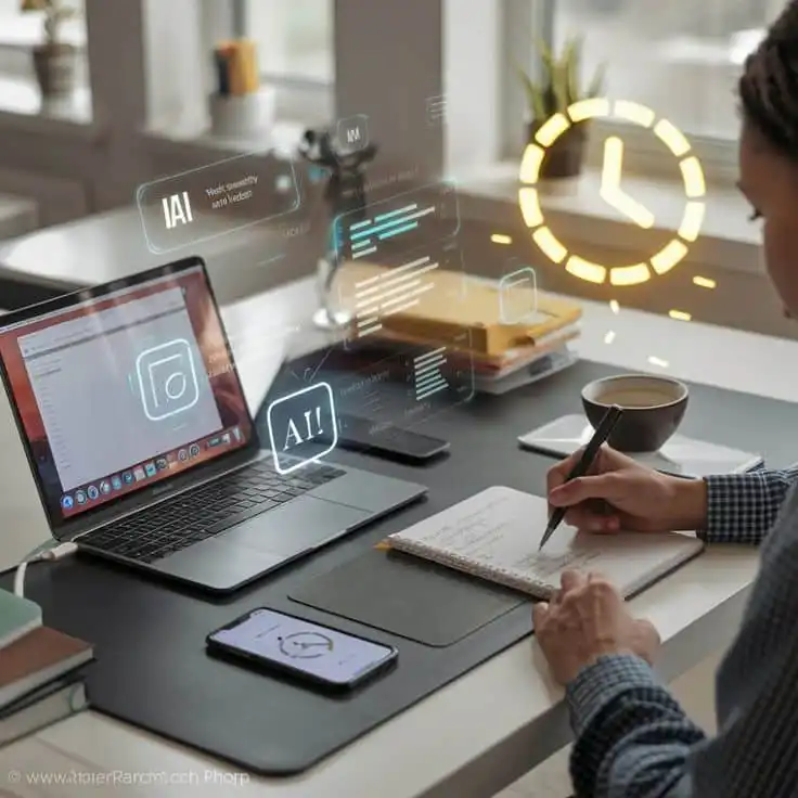 Person working at a desk with a laptop, phone, and AI holograms; taking notes, a clock and coffee suggest productivity and tech innovation.
