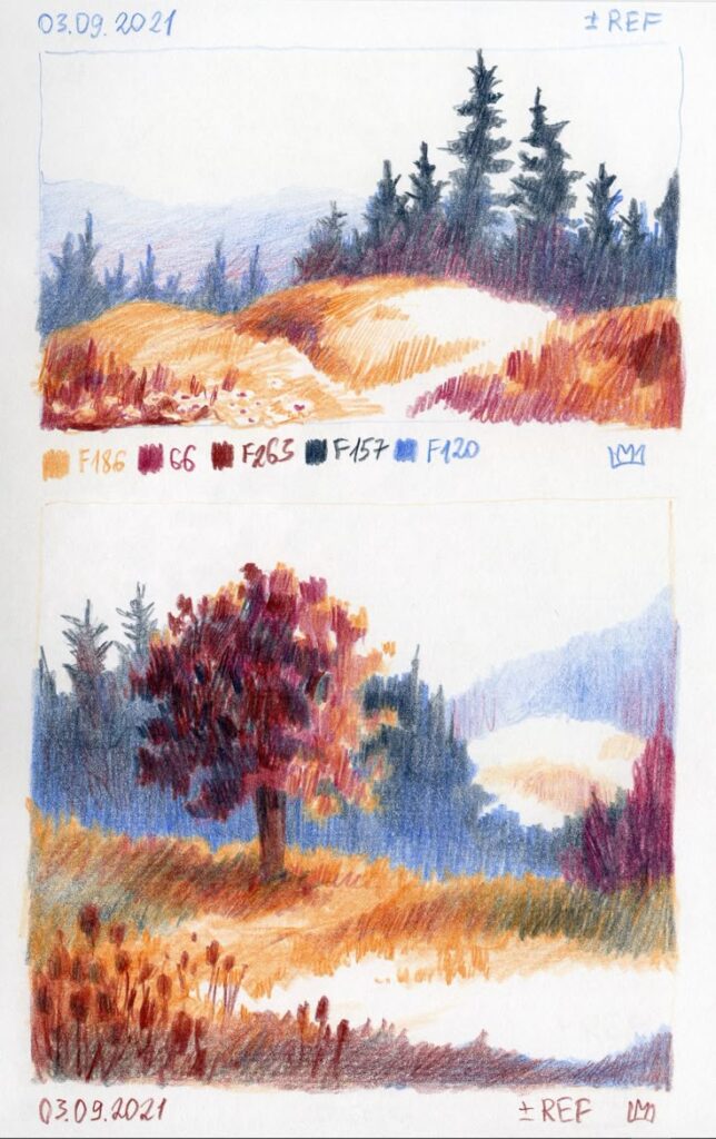 shiny fall by marjaz Colorful landscape sketches with trees and rolling hills, featuring various shades, created using colored pencils, dated 03.09.2021. | Sky Rye Design Colorful landscape sketches with trees and rolling hills, featuring various shades, created using colored pencils, dated 03.09.2021.