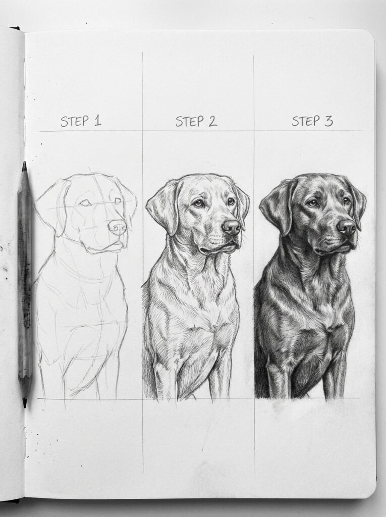 sketch-tutorial 1 Drawing process of a dog sketch in three steps: outline, detailed shading, and completed realistic artwork. | Sky Rye Design Drawing process of a dog sketch in three steps: outline, detailed shading, and completed realistic artwork.